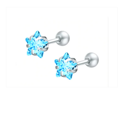 Childrens Earrings:  Surgical Steel 4mm Reversible Blue AAA CZ Star Earrings with Screw Backs
