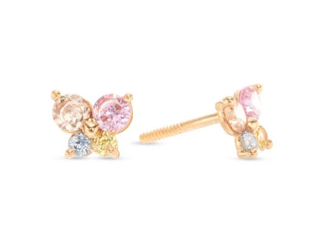 Baby and Children's Earrings:  14k Gold Soft Rainbow CZ Butterfly Screw Back Earrings with Gift Box