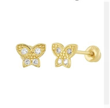 Baby Earrings:  14k Gold Clear AAA CZ Butterflies with Screw Backs and Gift Box