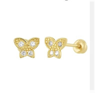 Baby Earrings:  14k Solid Gold Clear AAA CZ Butterflies with Screw Backs and Gift Box
