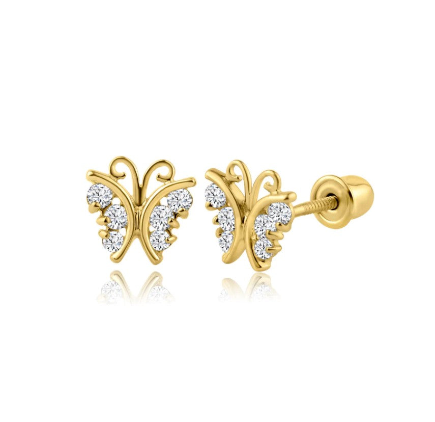 Baby and Children's Earrings:  14k Gold AAA CZ Butterfly Screw Back Earrings with Gift Box
