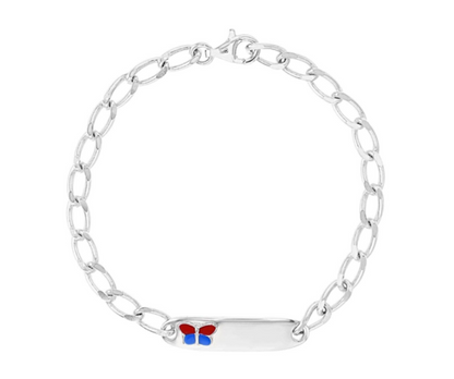 A sterling silver ID bracelet with a red and blue butterfly design on the engravable plate, featuring an adjustable link closure.