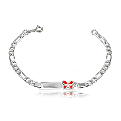 A sterling silver ID bracelet with a red butterfly design on the ID plate, intended for children.