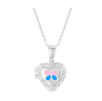 Sterling silver heart-shaped locket on a white background, embossed with a pink and blue enamel butterfly in the centre and hanging from a delicate silver chain.