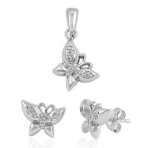 Children's Necklace and Earrings Sets:  Sterling Silver, Micropaved cz Butterfly Sets Incl. Chain