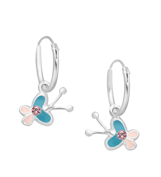Childrens Earrings:  Sterling Silver Sleepers with Pink and Blue Butterflies