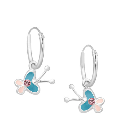 Childrens Earrings:  Sterling Silver Sleepers with Pink and Blue Butterflies