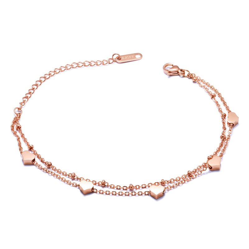 Children's Bracelets:  Rose Gold IP Surgical Steel Double Strand Heart Bracelet/Anklet with Gift Box