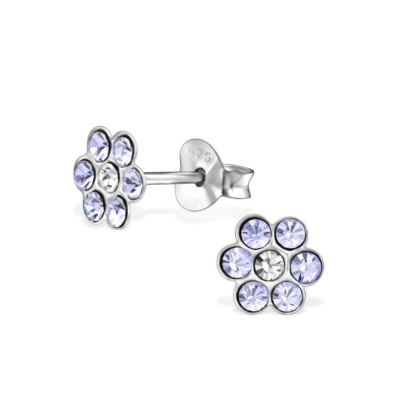 Baby and Children's Earrings:  Sterling Silver Lavender/White Crystal Flowers