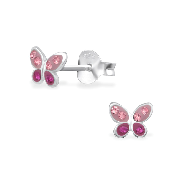 Baby and Toddler Earrings:  Sterling Silver, Two Tone Pink CZ Butterfly Earrings