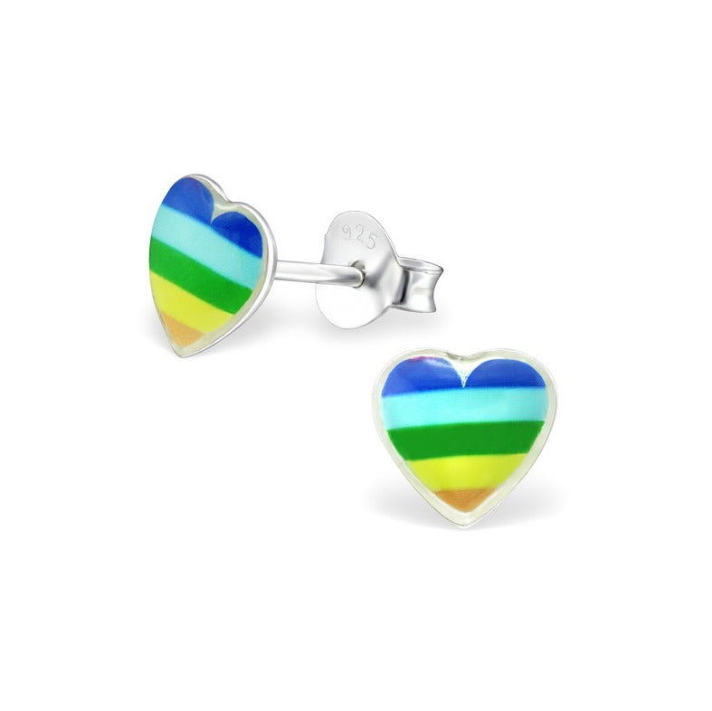 Children's Earrings:  Sterling Silver Rainbow Stripey Heart Studs