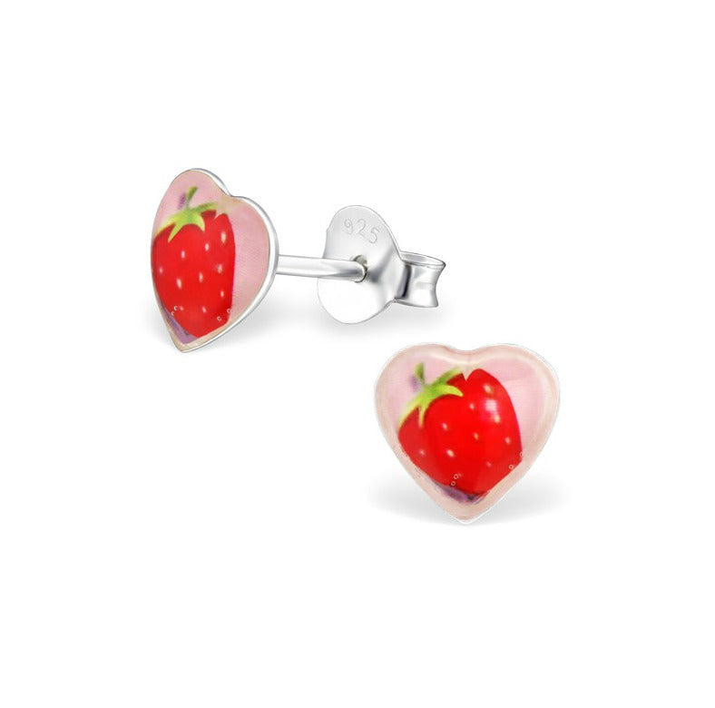 Children's Earrings:  Sterling Silver Strawberry on Heart Studs