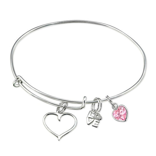 Children's Bangles:   Sterling Silver Children's Charm Bangles with Open Heart + 2 Charms