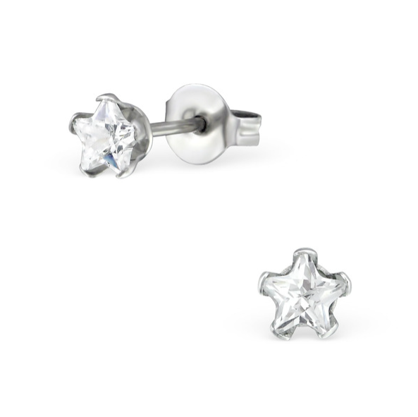 Children's and Teens' Earrings - Surgical Steel 8mm Clear CZ Stars