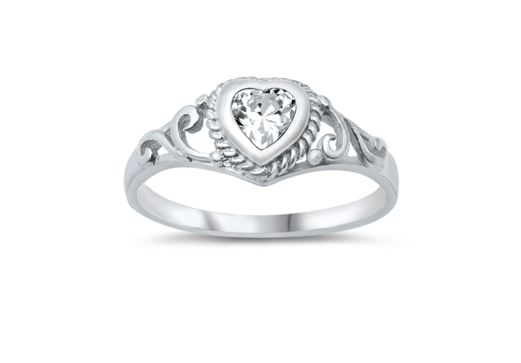 Children's Rings:  Sterling Silver Clear CZ Heart Ring Size 5