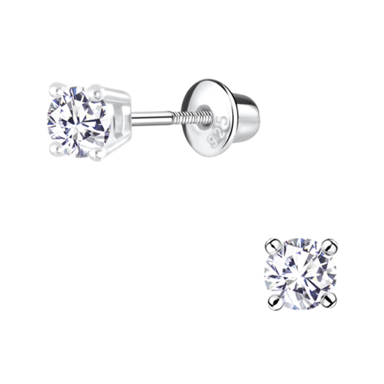 Baby and Children's Earrings:  Sterling Silver Clear, 4 Prong CZ Studs with Screw Backs