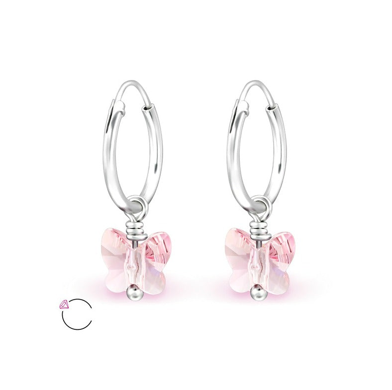 Children's Earrings:  Sterling Silver Sleepers with La Crystale Crystal Butterflies - Light Pink