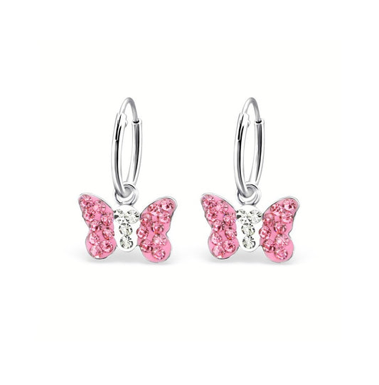Children's Earrings:  Sterling Silver and Pink Crystal Butterfly Sleepers/Hoops