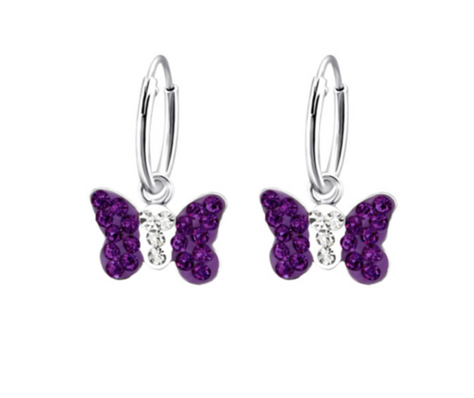 Children's Earrings:  Sterling Silver, Purple Crystal Butterfly Sleepers/Hoops
