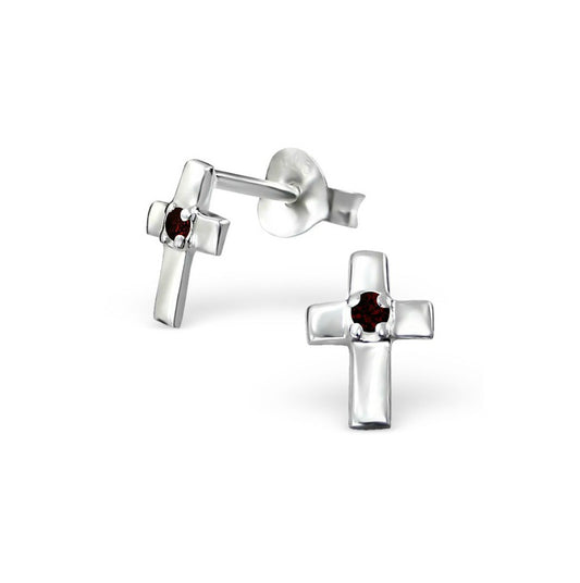 Baby and Children's Earrings:  Sterling Silver Cross Earrings with Garnet CZ