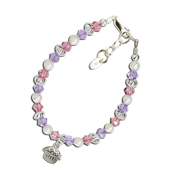 Children's Bracelets:  Sterling Silver, Swarovski Crystals, Cupcake Charm Age 1 - 5