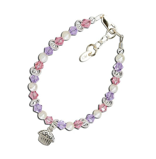 Baby Bracelets:  Sterling Silver, Swarovski Crystals, Cupcake Charm for Newborns