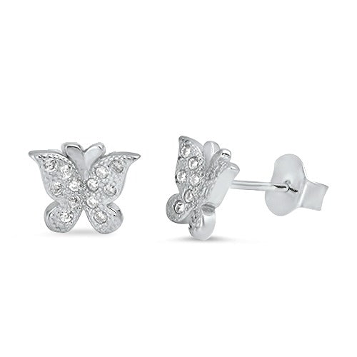 Children's Earrings:  Sterling Silver Micropaved CZ Butterfly Earrings