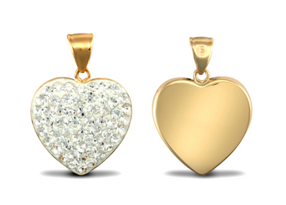 A 9k gold heart-shaped pendant with one side covered in white cubic zirconia stones, shown with and without the bale.