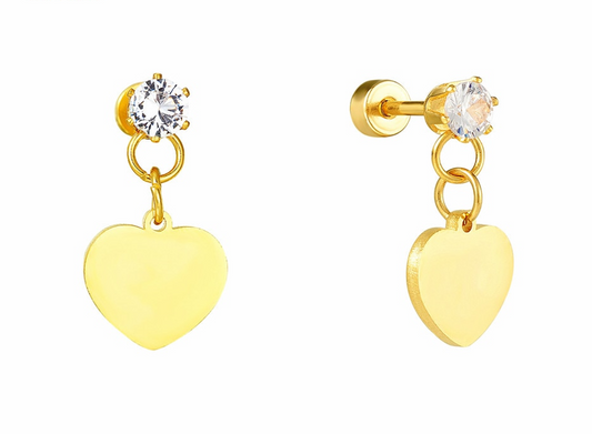 Pair of gold-plated stainless-steel flat-back studs with a clear round cubic-zirconia top and a dangling polished heart charm on jump rings—shown front view (left) and side view with screw-on disc back (right).