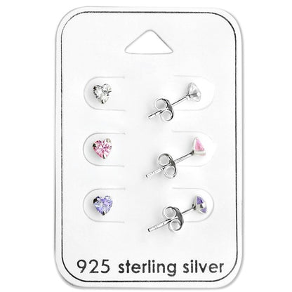 Heart earrings set featuring three pairs of heart-shaped CZ studs in clear, pink, and aqua on a 925 sterling silver card.