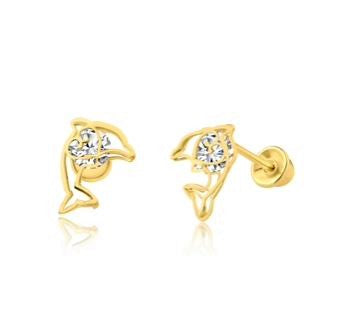 Children's Earrings:  14k Gold Dolphin Earrings with CZ, Screw Backs and Gift Box