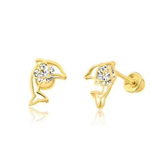 Children's Earrings:  14k Solid Gold Dolphin Earrings with CZ, Screw Backs and Gift Box