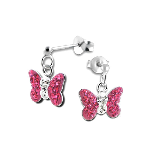 Children's Earrings:  Sterling Silver Pink Crystal Butterfly Drop Earrings