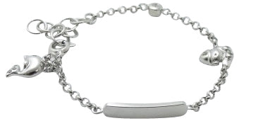 A sterling silver ID charm bracelet with a frog and a dolphin charm, featuring a rolo chain design and a bezel set cubic zirconia.