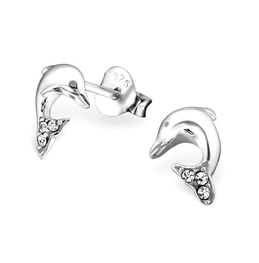 Baby and Children's Earrings:  Sterling Silver Dolphins with Crystal Encrusted Tails
