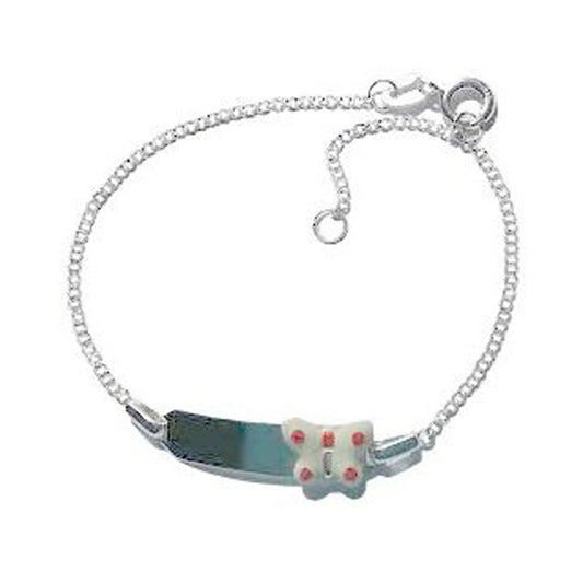 Children's Bracelets:  Sterling Silver Identity Bracelets with White/Red Dotty Butterfly