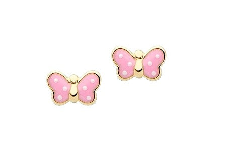Baby Earrings:  14K Gold Pink, Dotty Butterfly Earrings with Screw Backs and Gift Box