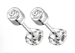 Pair of stainless-steel screw-back stud earrings with round brilliant CZ fronts and cylindrical locking backs, each back set with a tiny CZ—shown on white.
