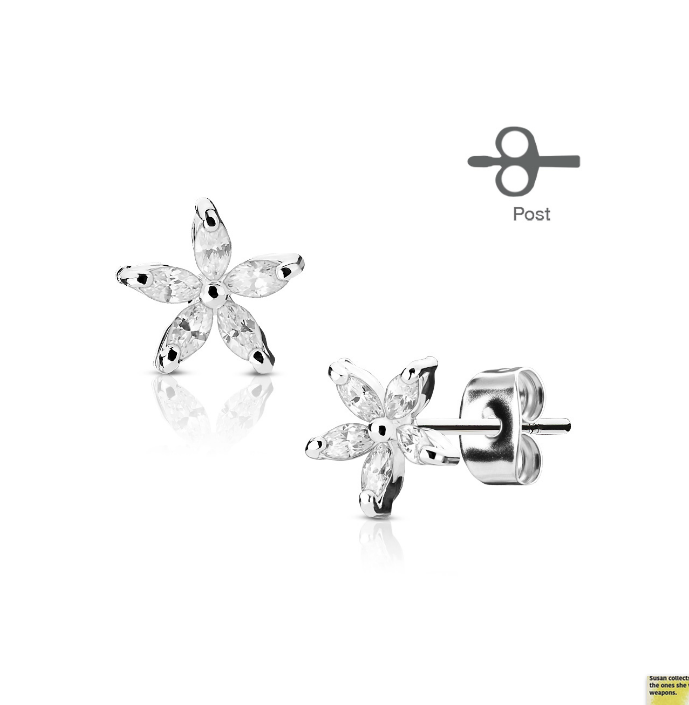Children's Earrings:  Surgical Steel with Gold IP White AAA CZ Flower Earrings