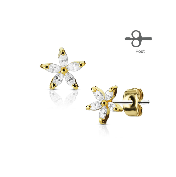Children's Earrings:  Surgical Steel with Gold IP White AAA CZ Flower Earrings