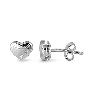 Children's Earrings:  Sterling Silver Puffed Heart Earrings with CZ