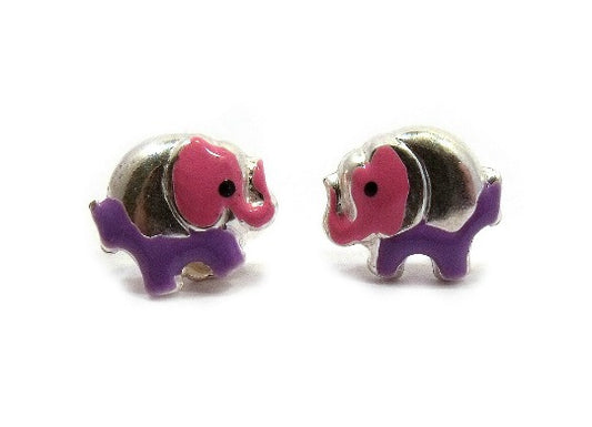 Children's Earrings: Sterling Silver Elephants with Pink/Purple Enamel