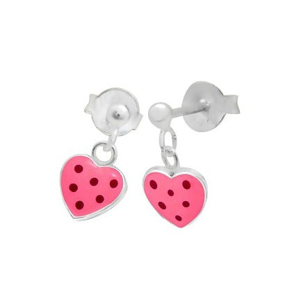 Children's Earrings:  Sterling silver Dangly Pink with Red Dots Hearts