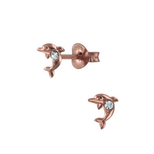 Baby and Children's Earrings:  14k Rose Gold over Sterling Silver Dolphins with CZ