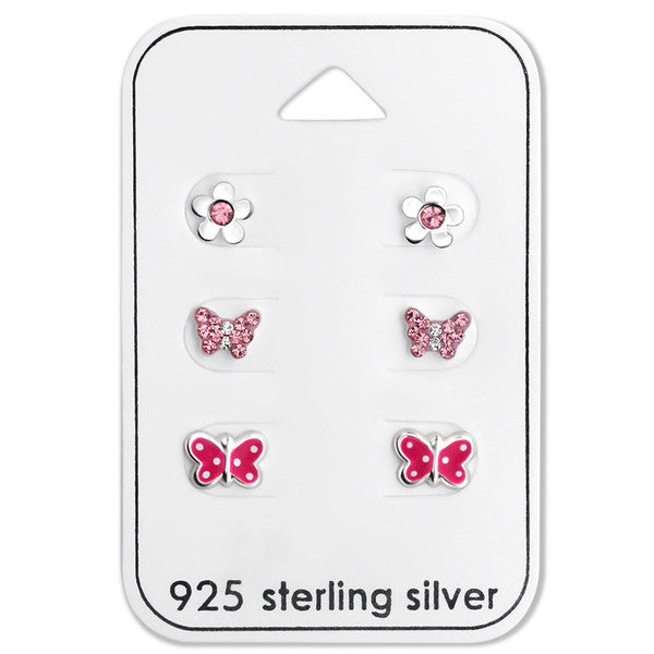 Baby and Children's Earrings:  Sterling Silver Pink Butterfly and Flower Earrings x 3 Pairs Gift Pack