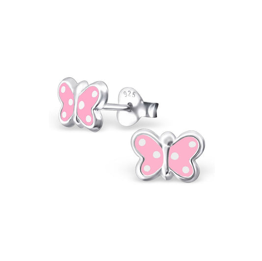 Children's Earrings:  Sterling Silver, Baby Pink with Small White Dots, Butterfly Earrings