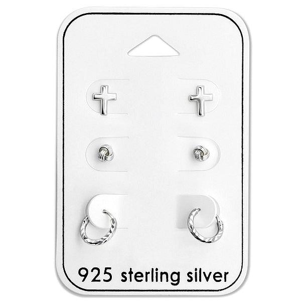 Children's Earrings:  Sterling Silver Cross, Love Knot and Twisted Sleepers 3 Pair Gift Pack