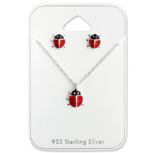 Children's Necklace and Earrings Gift Packs:  Sterling Silver Ladybug Necklace and Earrings Gift Packs