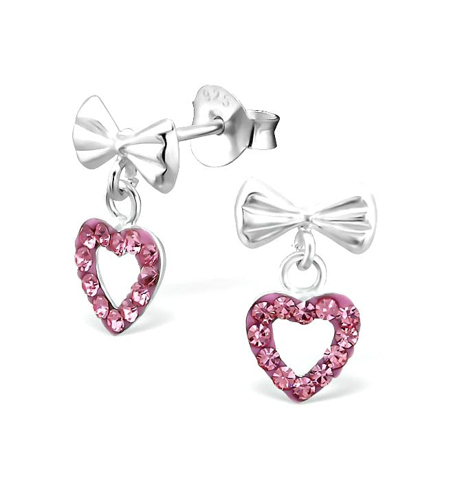 Children's Earrings:  Sterling Silver Bow with Pink Crystal Open Hearts
