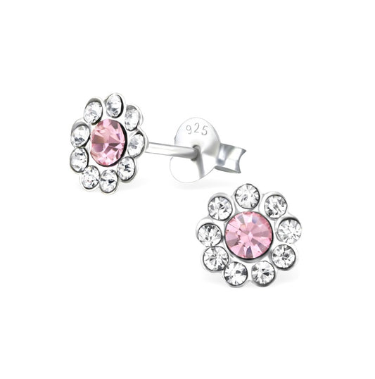 Baby and Children's Earrings:  Sterling Silver. White with Pink Centre Flowers